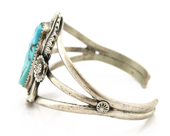 Navajo Cuff Bracelet 925 Silver Blue Turquoise Artist Signed MJ C.80's