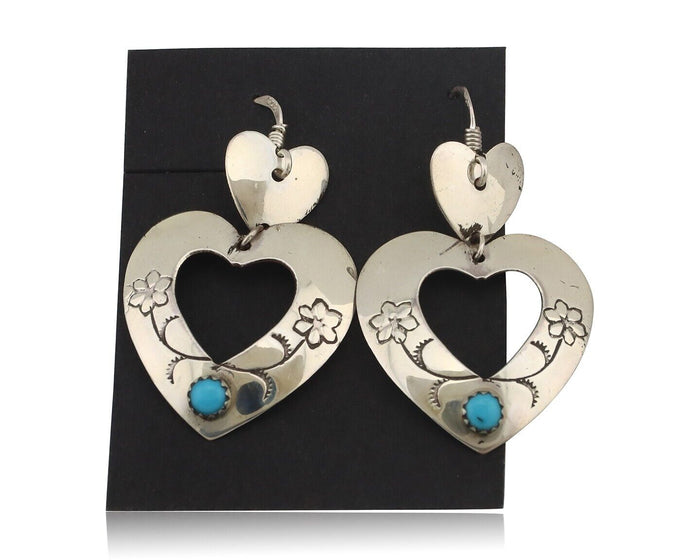 Navajo Dangle Heart Earrings Handmade 925 Silver Blue Turquoise Native Artist 80