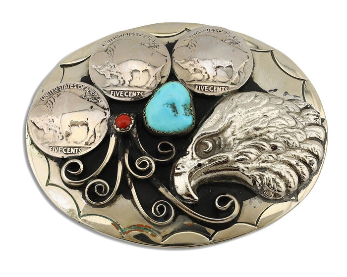 Navajo Eagle Belt Buckle Nickle Silver Gemstone Handmade Native American C.80's