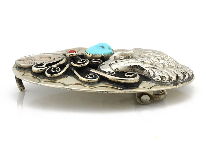 Navajo Eagle Belt Buckle Nickle Silver Gemstone Handmade Native American C.80's
