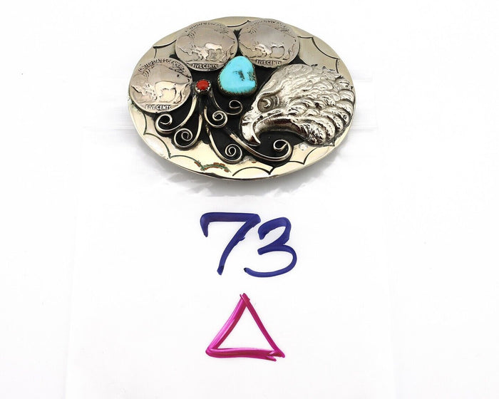 Navajo Eagle Belt Buckle Nickle Silver Gemstone Handmade Native American C.80's