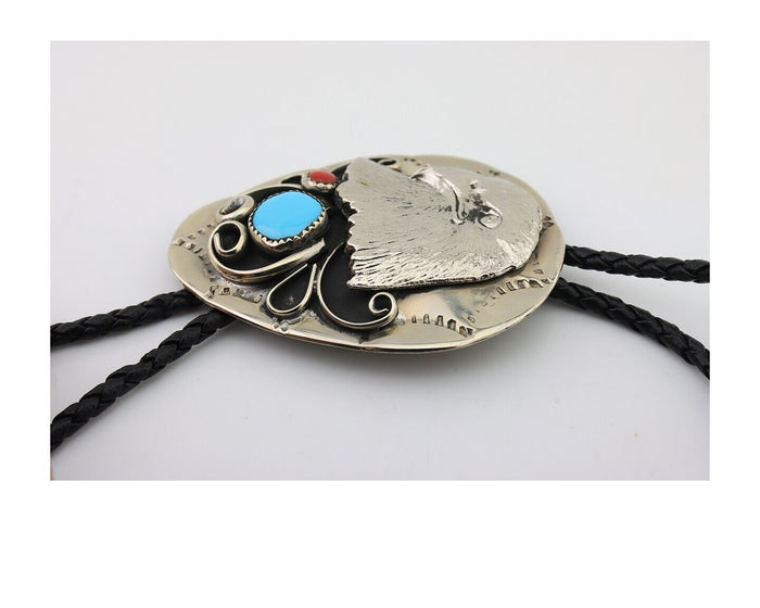 Navajo Eagle Bolo Tie .999 Nickel Coral & Turquoise Native Artist C.80's