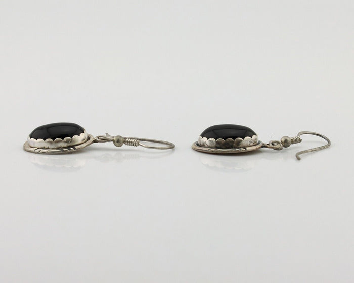 Navajo Earrings 925 Silver Natural Black Onyx Artist Signed T C.80's