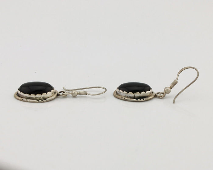 Navajo Earrings 925 Silver Natural Black Onyx Artist Signed T C.80's