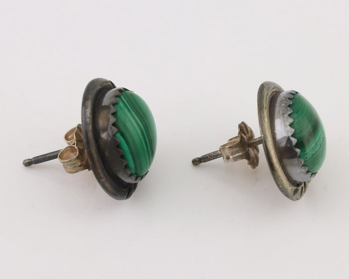 Navajo Earrings 925 Silver Natural Malachite Native American Artist C.80's