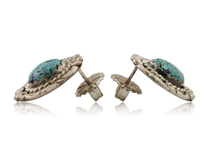 Navajo Earrings 925 Silver Spiderweb Mined Turquoise Artist Signed NE C.80's