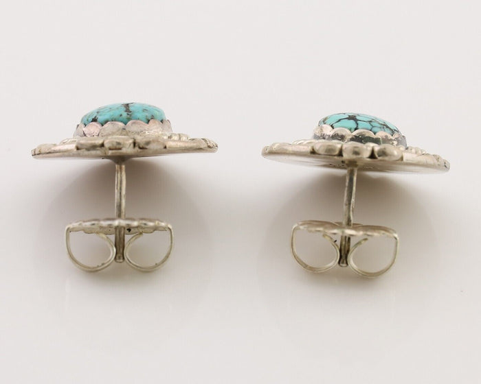 Navajo Earrings 925 Silver Spiderweb Mined Turquoise Artist Signed NE C.80's