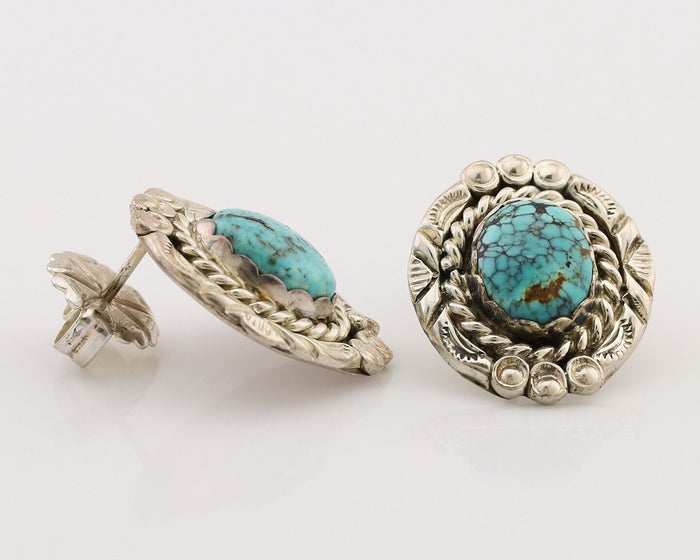 Navajo Earrings 925 Silver Spiderweb Mined Turquoise Artist Signed NE C.80's