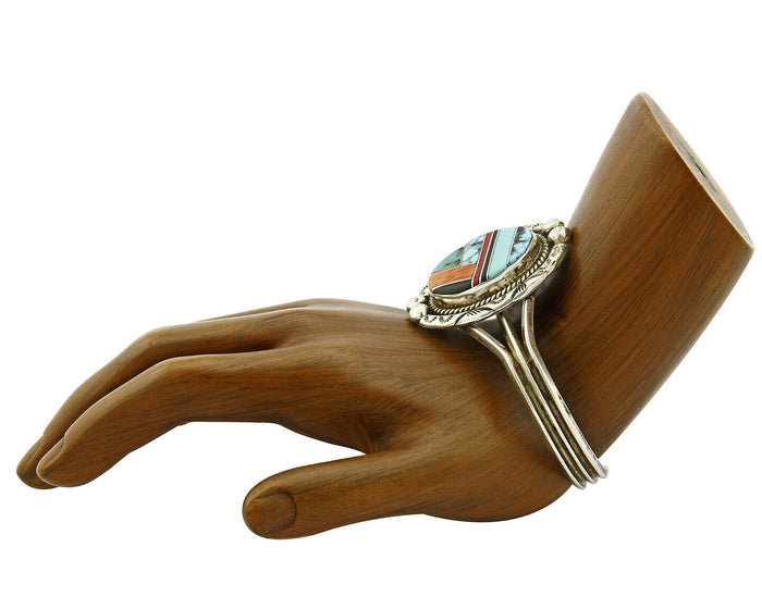 Navajo Gemstone Inlay Handmade .925 Silver Stamped Cuff