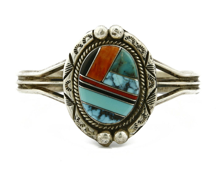 Navajo Gemstone Inlay Handmade .925 Silver Stamped Cuff