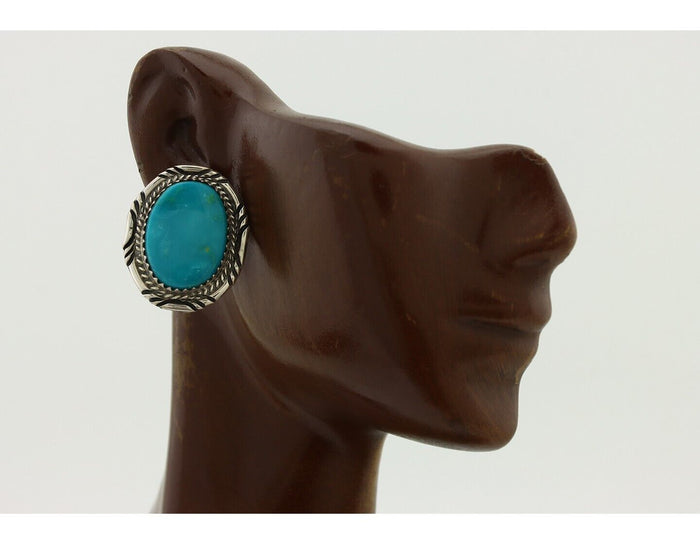 Navajo Hand Stamped Earrings 925 Silver Natural Turquoise Signed Virgil Begay