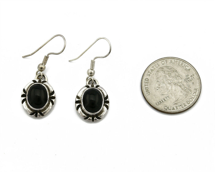 Navajo Hand Stamped Natural Mined Black Onyx .925 SOLID Silver Dangle Earrings