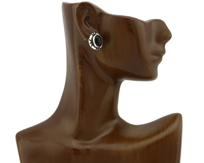 Navajo Hand Stamped Natural Mined Black Onyx .925 SOLID Silver Stud Earrings