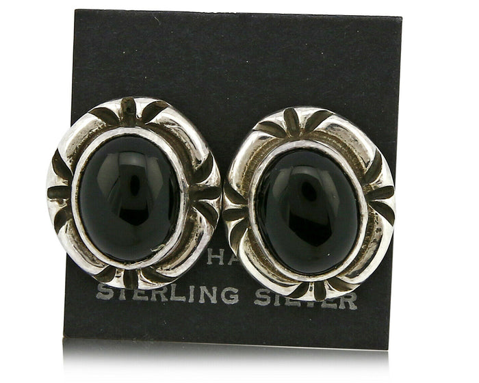Navajo Hand Stamped Natural Mined Black Onyx .925 SOLID Silver Stud Earrings