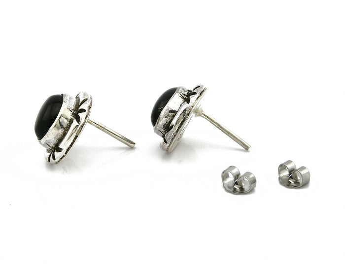 Navajo Hand Stamped Natural Mined Black Onyx .925 SOLID Silver Stud Earrings