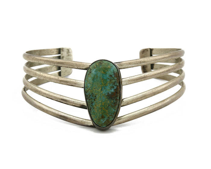 Navajo Handmade 4 Row .925 Silver Natural Turquoise Cuff Bracelet