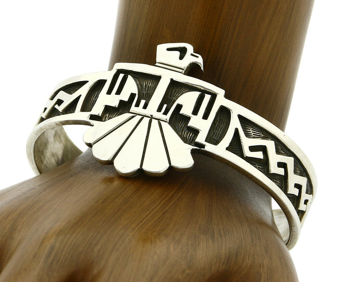 Navajo Handmade Bracelet .925 Silver Thunderbird Overlay Cuff