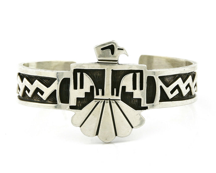 Navajo Handmade Bracelet .925 Silver Thunderbird Overlay Cuff