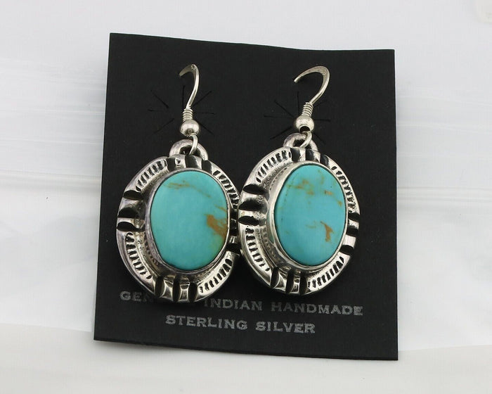 Navajo Handmade Earrings 925 Silver Natural Arizona Turquoise Signed Gecko C.80s