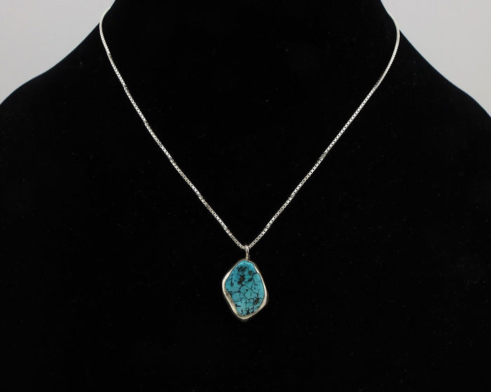 Navajo Handmade Necklace 925 Silver Blue Morenci Turquoise Native Artist C.80's