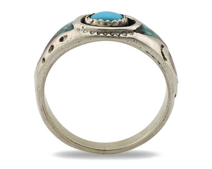 Navajo Handmade Ring 925 Silver Blue Turquoise & Coral Native American Artist