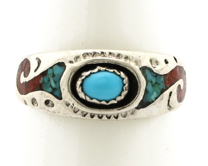 Navajo Handmade Ring 925 Silver Blue Turquoise & Coral Native American Artist