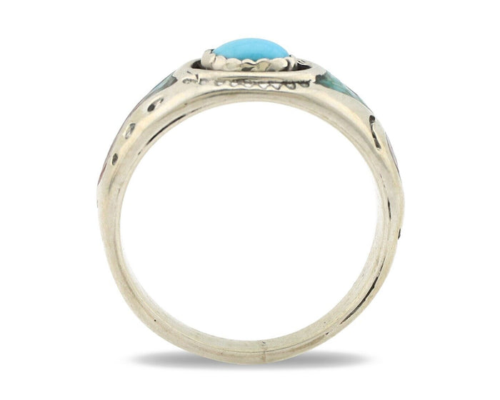 Navajo Handmade Ring 925 Silver Blue Turquoise & Coral Native American C.80's