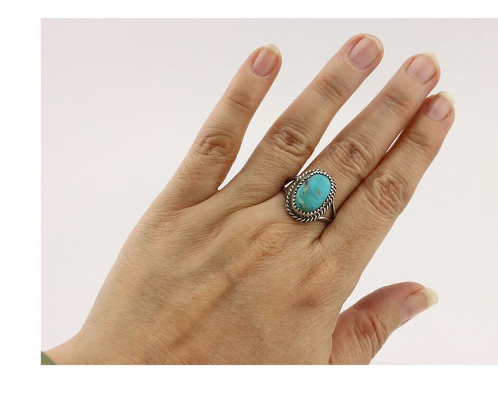 Navajo Handmade Ring 925 Silver Kingman Turquoise Artist Signed MC C.80's