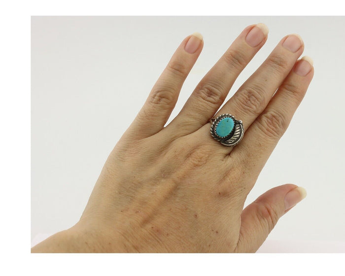 Navajo Handmade Ring .925 Silver Kingman Turquoise Native Artist C.80's