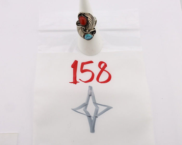 Navajo Handmade Ring 925 Silver Turquiose & Coral Artist Signed E C.80's