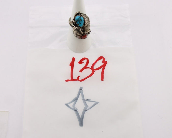 Navajo Handmade Ring 925 Silver Turquiose & Coral Artist Signed E C.80's