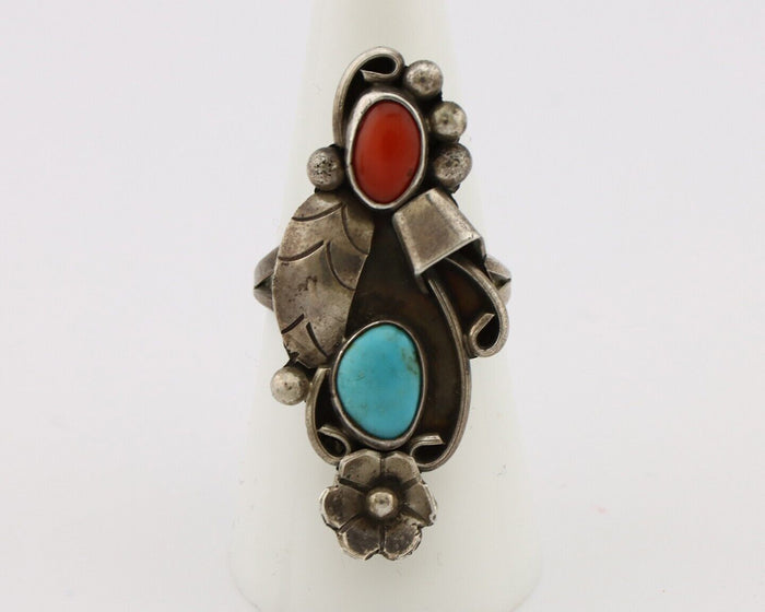 Navajo Handmade Ring 925 Silver Turquiose & Coral Artist Signed EB C.80's