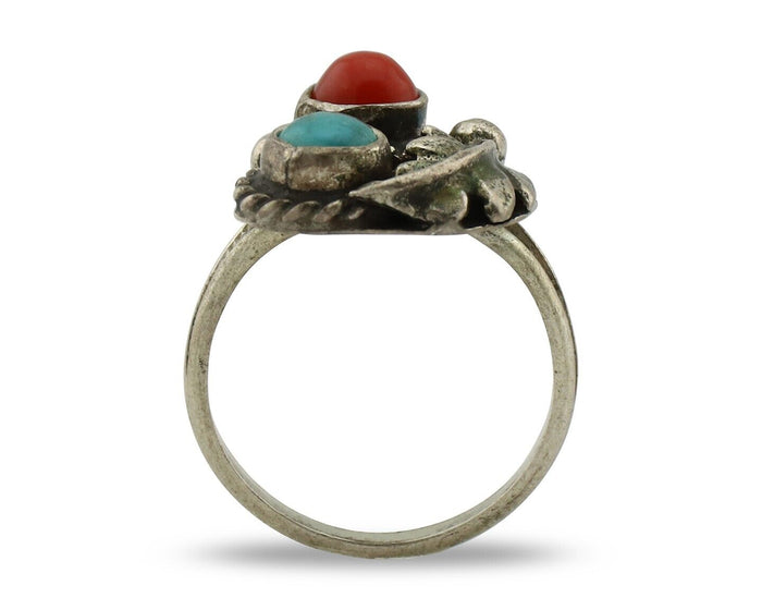Navajo Handmade Ring 925 Silver Turquiose & Coral Native American Artist C.80's