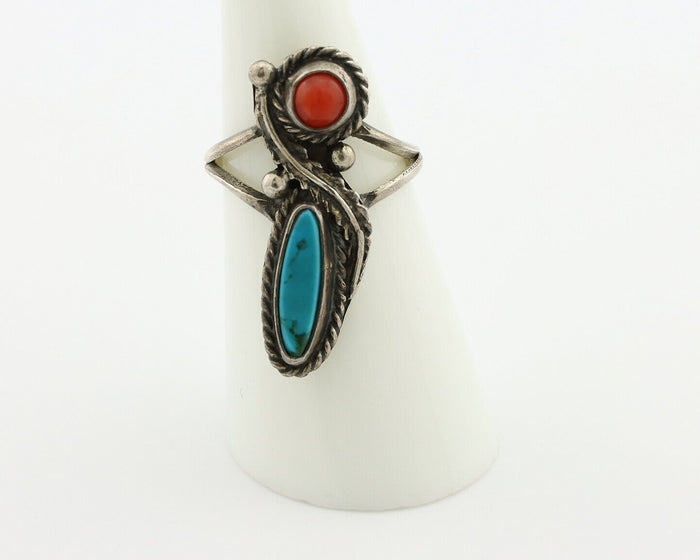 Navajo Handmade Ring 925 Silver Turquiose & Coral Native American Artist C.80's