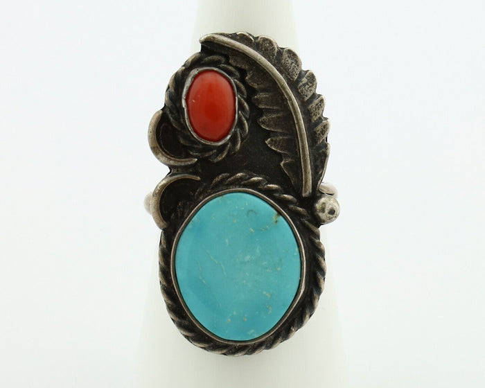 Navajo Handmade Ring 925 Silver Turquiose & Coral Native American Artist C.80's