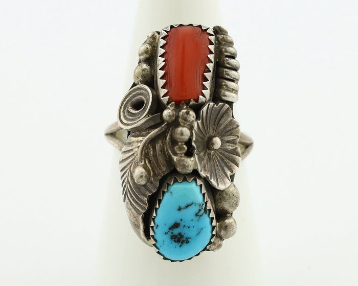 Navajo Handmade Ring 925 Silver Turquiose & Coral Native American Artist C.80's
