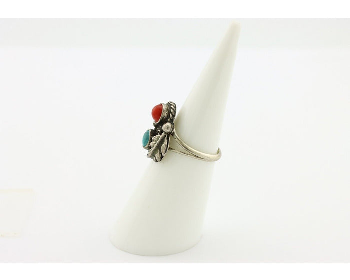 Navajo Handmade Ring 925 Silver Turquiose & Coral Native American Artist C.80's