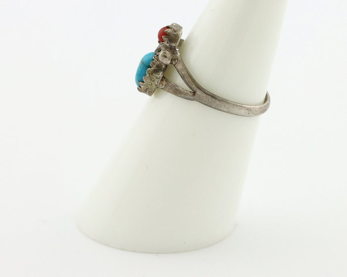 Navajo Handmade Ring 925 Silver Turquiose & Coral Native American Artist C.80's