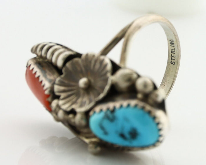 Navajo Handmade Ring 925 Silver Turquiose & Coral Native American Artist C.80's