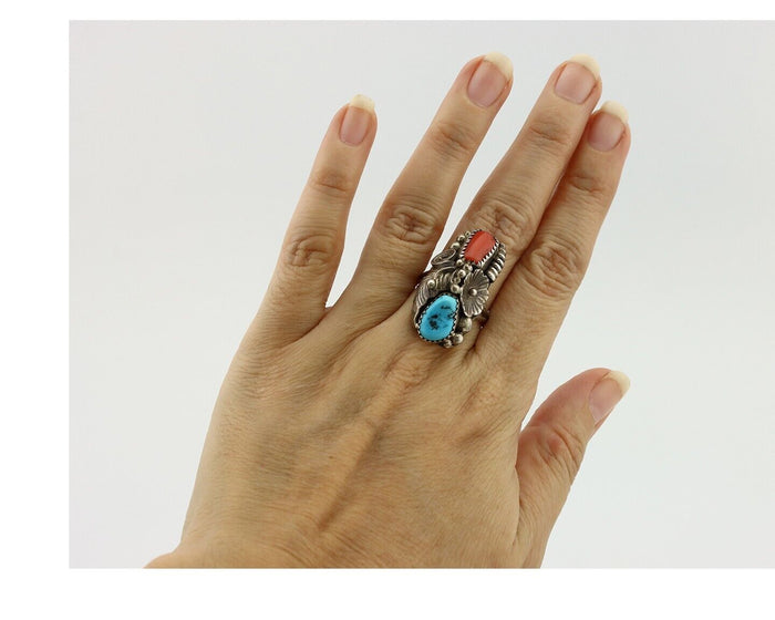 Navajo Handmade Ring 925 Silver Turquiose & Coral Native American Artist C.80's