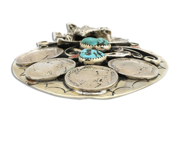 Navajo Horse Belt Buckle Nickle Silver Gemstone Handmade Native American C.80's