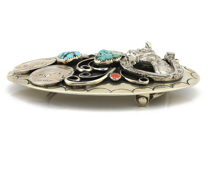 Navajo Horse Belt Buckle Nickle Silver Gemstone Handmade Native American C.80's