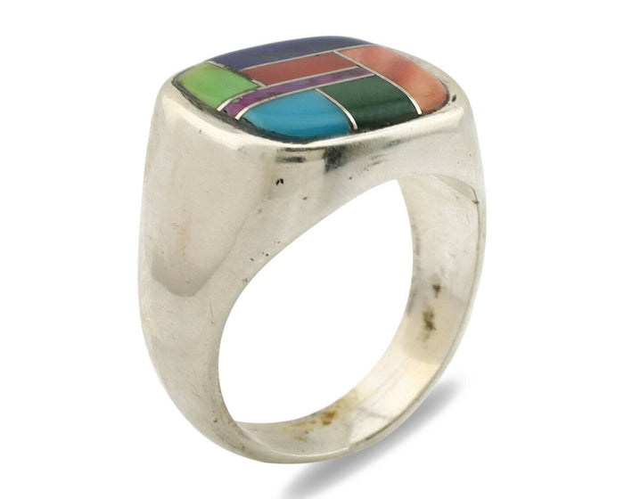 Navajo Inlaid Ring .925 Silver Gemstone Artist Native American C.1980's