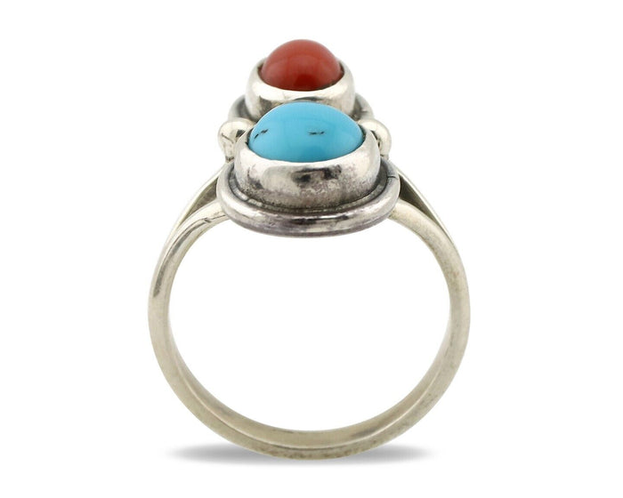 Navajo Inlay Band Ring 925 Silver Turquoise & Coral Native Artist C.80's