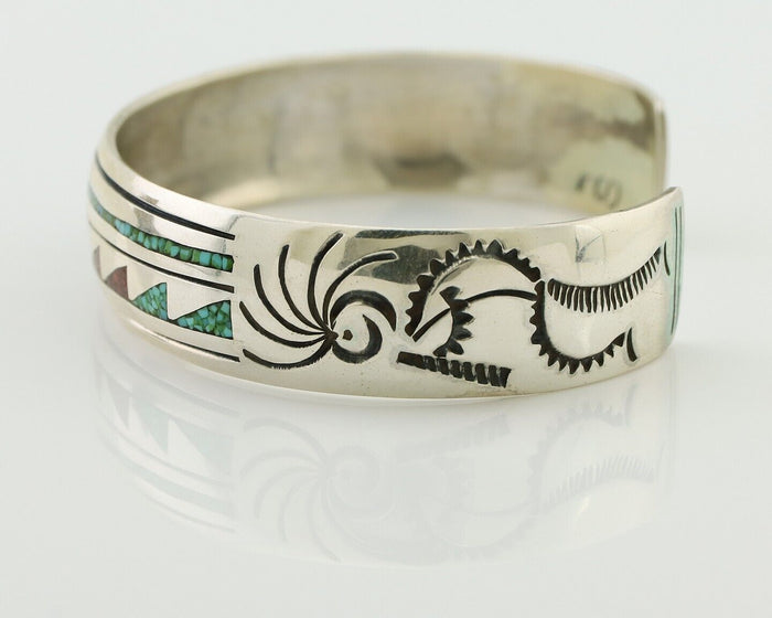 Navajo Inlay Bracelet 925 Silver Turquoise & Coral Signed Stanely Bain C.80's