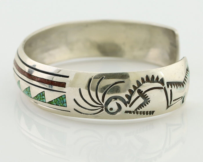 Navajo Inlay Bracelet 925 Silver Turquoise & Coral Signed Stanely Bain C.80's