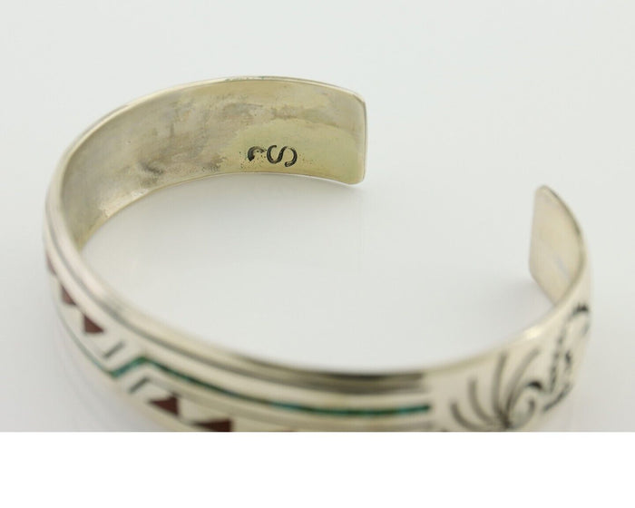 Navajo Inlay Bracelet 925 Silver Turquoise & Coral Signed Stanely Bain C.80's