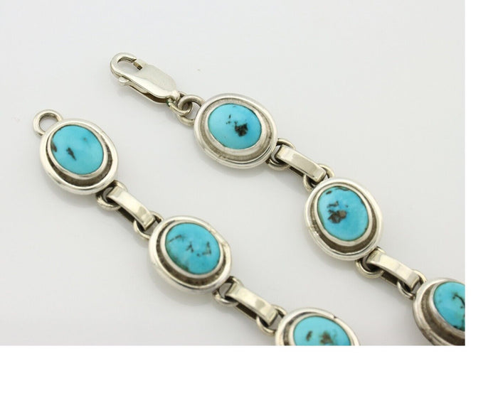 Navajo Link Bracelet .925 Silver Blue Turquoise Native American Artist C.80's