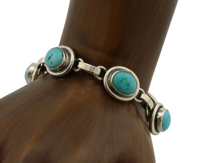 Navajo Link Bracelet 925 Silver Kingman Turquoise Native American Artist C.80's