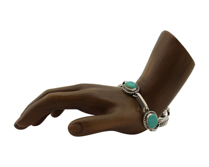 Navajo Link Bracelet 925 Silver Kingman Turquoise Native American Artist C.80's